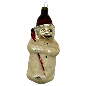 Vintage Blown Glass Mica Snowman Christmas Ornament Broom Figural Sugared READ